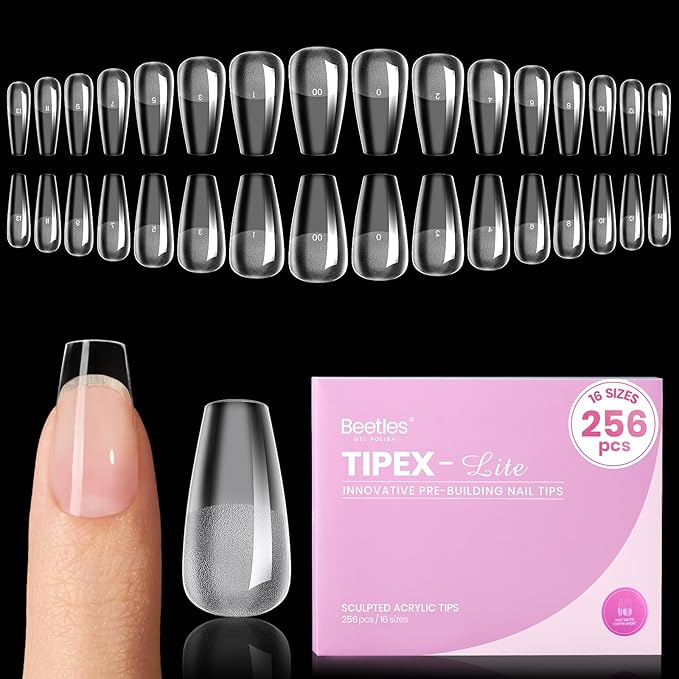 Beetles Tipex Lite Pre-Built Apex Gel Nail Tips, Coffin Short, 256pcs Value Pack, 16 Sizes, Flat-Nail Friendly Acrylic Tips for Natural Nail Beds, Easy for Beginner DIY
