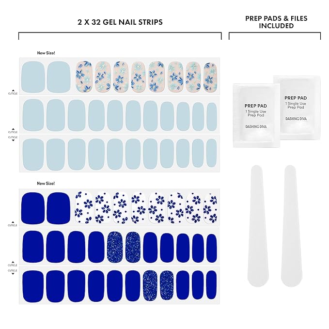 Dashing Diva Gloss Nail Strips Bundle - The Blue Blossom Collection - June Bloom & Flor Azul - UV Free, Chip Resistant, Long Lasting Gel Stickers - Contains 2 Sets