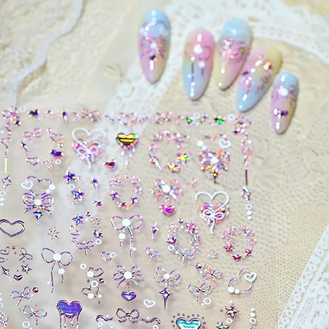 5D Embossed Pink Nail Stickers for Nail Art Self-Adhesive Valentines Day Nail Art Stickers 3D Laser Bow Love Star Designs Heart Nails Art Supplies Cute Nail Decals for Women Manicure Decorations DIY