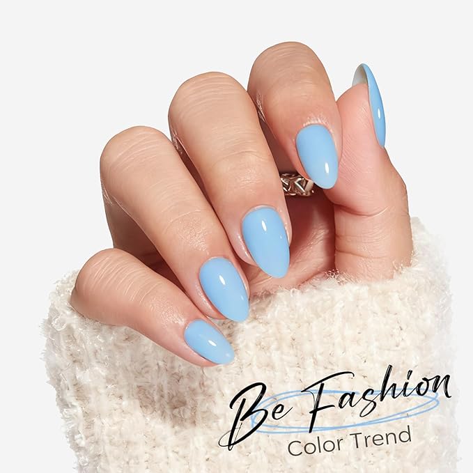 modelones Blue Short Press on Nails, Oval Fake Nails Kit Press Ons with Nail Glue, Adhesive Tabs, Nail File, Prep Pad, Manicure Stick, 32Pcs 16 Sizes, Spring Women Girl Gift