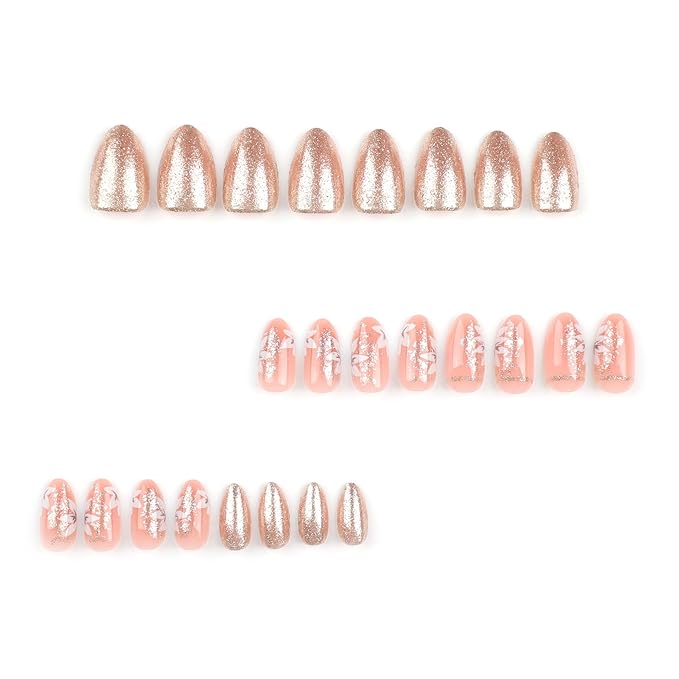 Press on Nails Medium - Almond Fake Nails with Flower Design - Gold Glitter Full Cover Stick on False Nails - for Women 24 Pcs