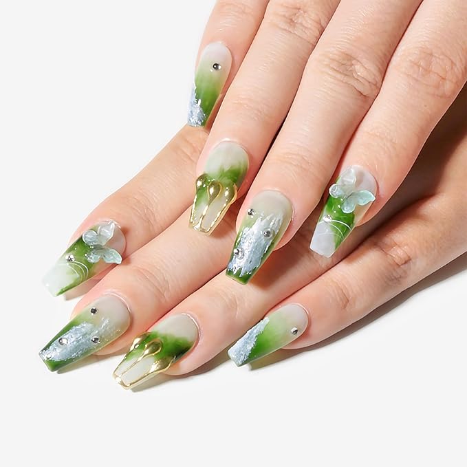 Handmade Press On Nail Medium Long Coffin Ballerina Green Flower Butterfly Fake Tip 3D Design Art Charms Cute with Storage Box 10 Pcs (009 S)