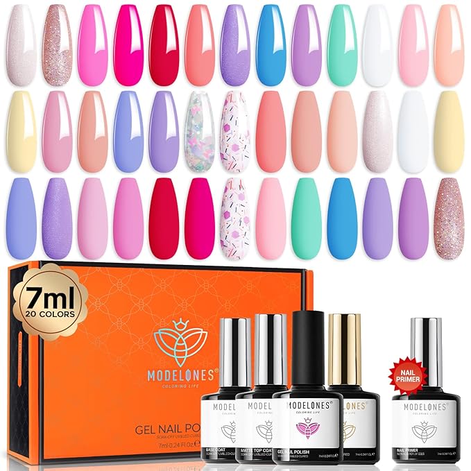 modelones 24Pcs Neon Gel Nail Polish Set, 20 Colors Rainbow Gel Polish Set with Glitter & Glossy & Matte Top + Base Coat Soak Off LED Nail Art Kit Salon at Home