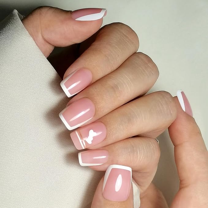 Curvlife Press on Nails Acrylic Fake Nails with Design Full Cover False Nails Reusable Nail Kit with Nail Glue Adhesive Tabs Nail File Artificial Glue on Nails (French Flat Edge, 32pcs)