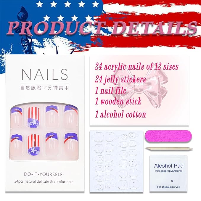 4th of July Press on Nails Medium Square MABKJLF Blue French Tip Fake Nails Stars False Nails with Stripes Glitter Designs Glossy Glue on Nails Acrylic Nails for Women Girls 24 Pcs