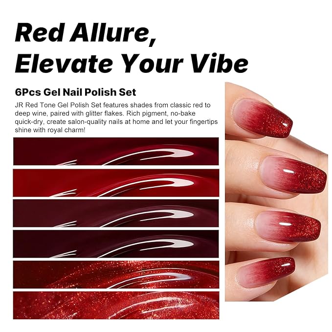 JR Red Gel Nail Polish Set, 16ml Full Size Bottle 6 Colors Red 9D Cateye Glitter Nail Gel Polish Gift Soak Off Led Nail Art Kit Salon DIY Colorful Bottle F