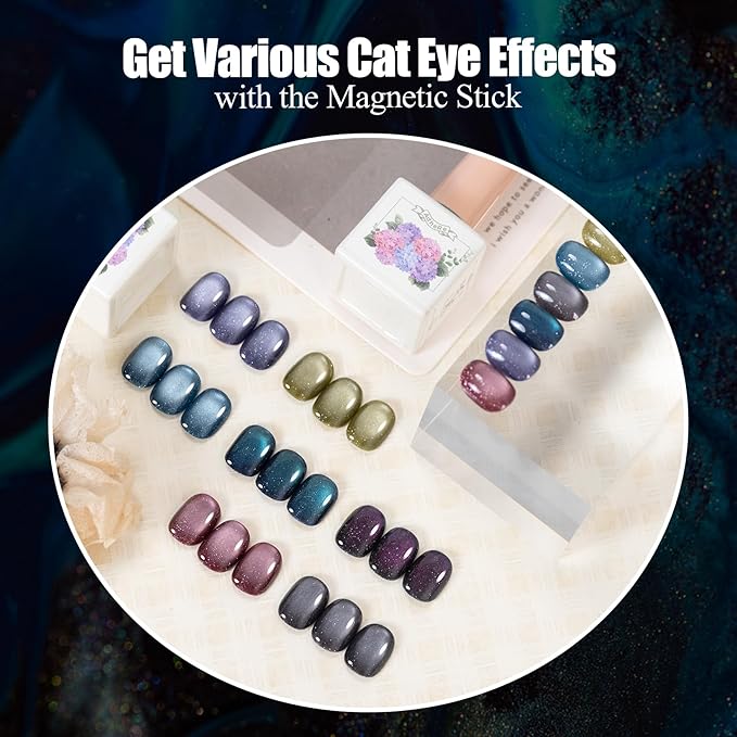 Adhere 7Pcs 12ML Cat Eye Gel Nail Polish Set, Multi Colorful Light Reflective Glitter Cat Eye, Sparkling Diamond Magnetic Shine Pearl Color Dark Cat Eye with Magnet
