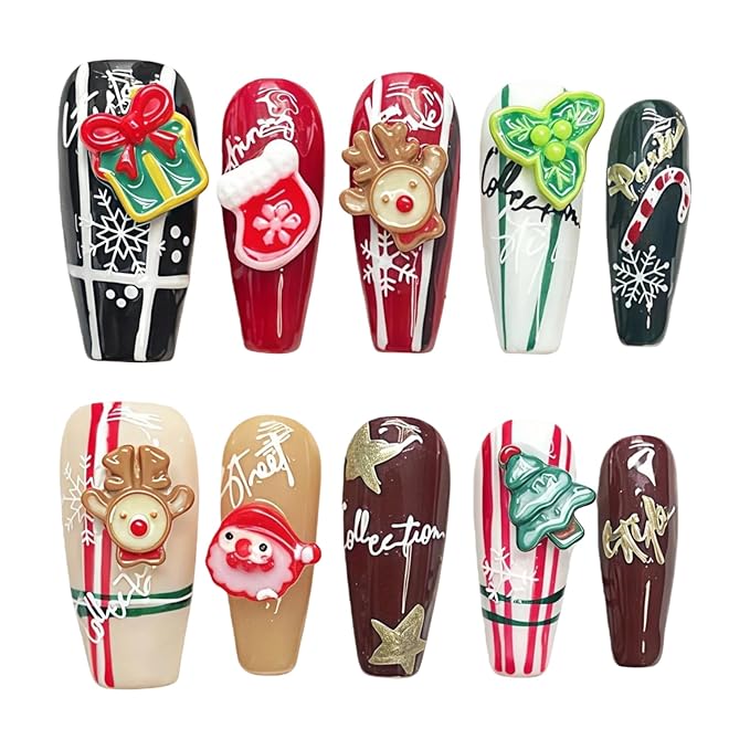 Christmas Press on Nails Medium Coffin Colorful Fake Nails with Cute 3D Elk Santa Claus Xmas Trees Candy Canes Design Winter Handmade Acrylic Nails for New Year (Holiday Gifts,M)