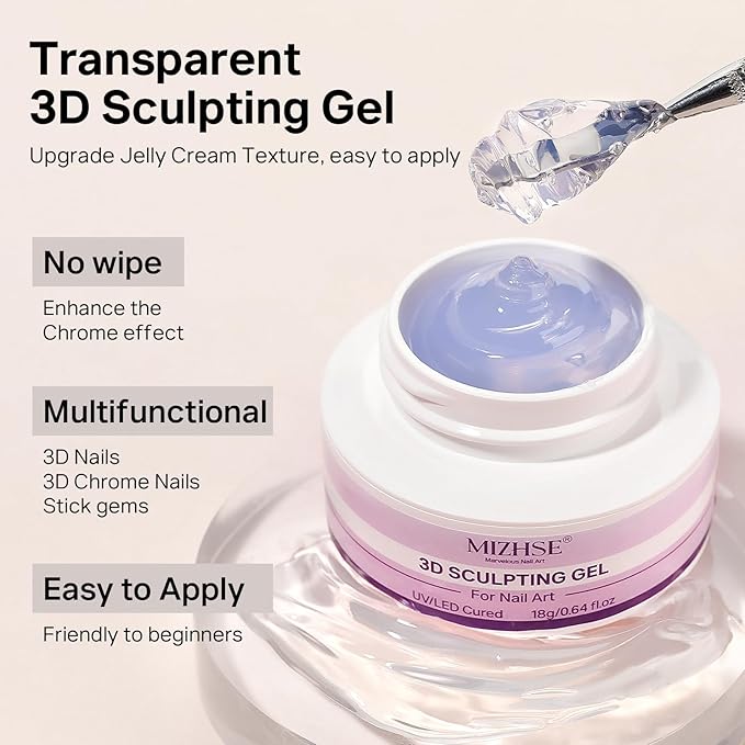MIZHSE Cream 3D Nail Gel with Chrome Nail Powder Sculpting Gel for Nails Art No Wipe Clear Painting Gels Polish Nails for Painting Rhinestone Decoration Sculpture U V LED Curing Requires