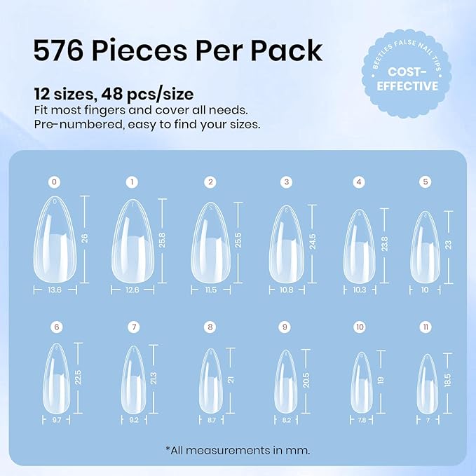 Beetles Gel Nail Tips Etch-X - Almond Medium, 576pcs 12 Sizes, Pre-Etched Half Matte Full Cover Soft Acrylic False Nail Tips Clear Press on Easy DIY Extension Salon Gift for Women