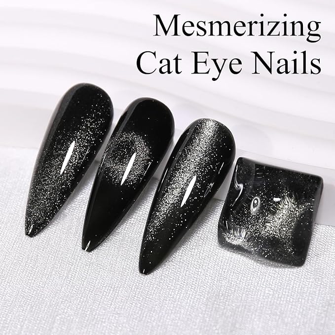 Imtiti Cat Eye Gel Nail Polish, 15ML Black Holographic Glitter Cat Eye Magnetic Gel Polish with Magnet UV LED Crystal Galaxy Sparkly Home DIY Manicure Nail Salon Kit