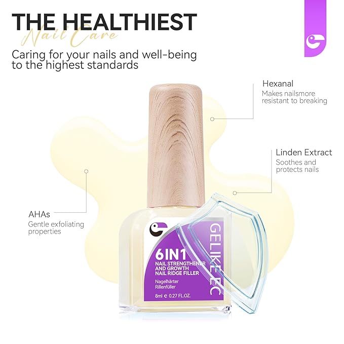 Nail Polish Strengthener and Growth Treatment: Yellow Gelike EC 6 in 1 Natural Nail Hardener Extra Strong and Growth - Long Lasting Nail Repair for Damaged Nails - For Daily Work Home Salon