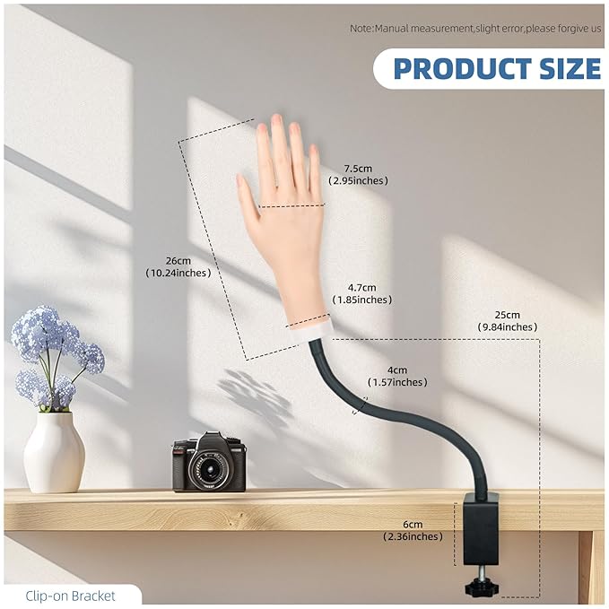 Practice Hand for Acrylic Nails, Flexible Bendable Fake Hand with Adjustable Stand, Nail Training Kit Mannequin Hand for Beginners & Nail Artists (Clamp Stand)