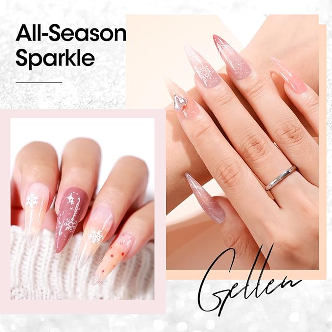 GELLEN Glitter Gel Top Coat, Snowflake Top Coat Nail Polish, Soak off Clear Glossy No Wipe Gel with Shimmer Finish, UV/LED Lamp Needed, Manicure Nail Art Gift for Halloween/Christmas/New Year