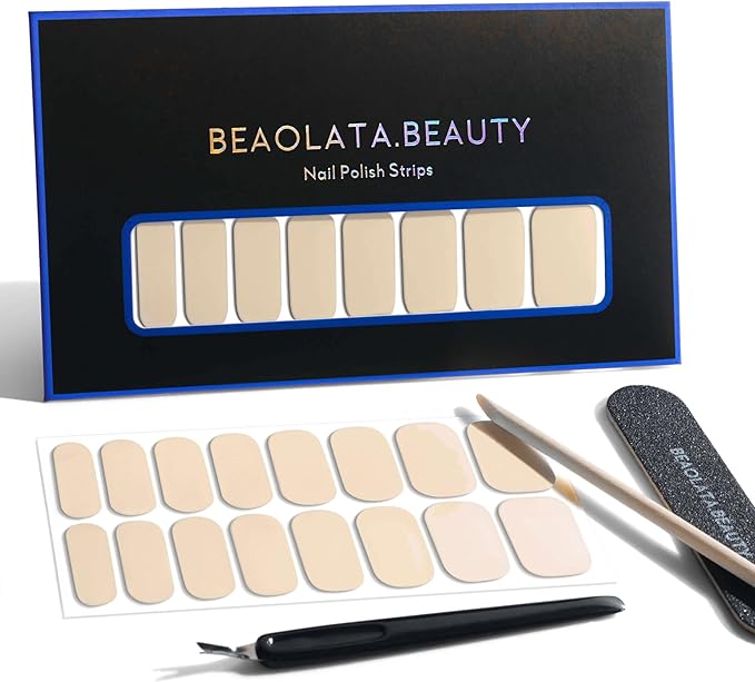 Nail Polish Strips, 32PCS Salon Quality Wraps, Long Lasting Gel Nail Stickers for Women Easy Apply& Remove (Nude Light Beige)