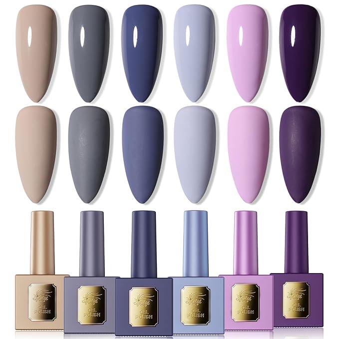 Gel Polish Set of 6 Colors 12ml with Purple Beige,Spring Gel Polish Kit for Salon DIY at Home, Soak Off LED UV Gel Nail Polish, Gifts for Women Girls