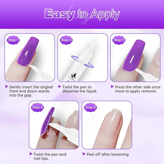 2PCS 15ml Pinpoint Nail Glue Remover for Press on Nails, Acetone-Free Odorless Formula Gentle Remover, 2 IN 1 Design Refillable Nail Polish Remover Pen