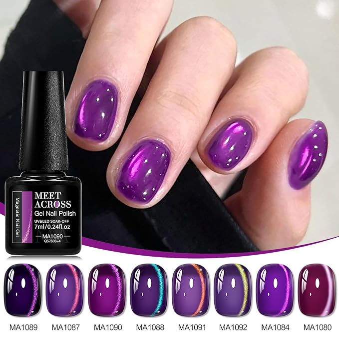 MEET ACROSS 9Pcs Cat Eye Gel Nail Polish Set Glitter Purple Magnetic Gel Polish Kit with Magnet, Sparkly Shiny Magnetic Cateye Nail Polish DIY Manicure Kit 8 Colors