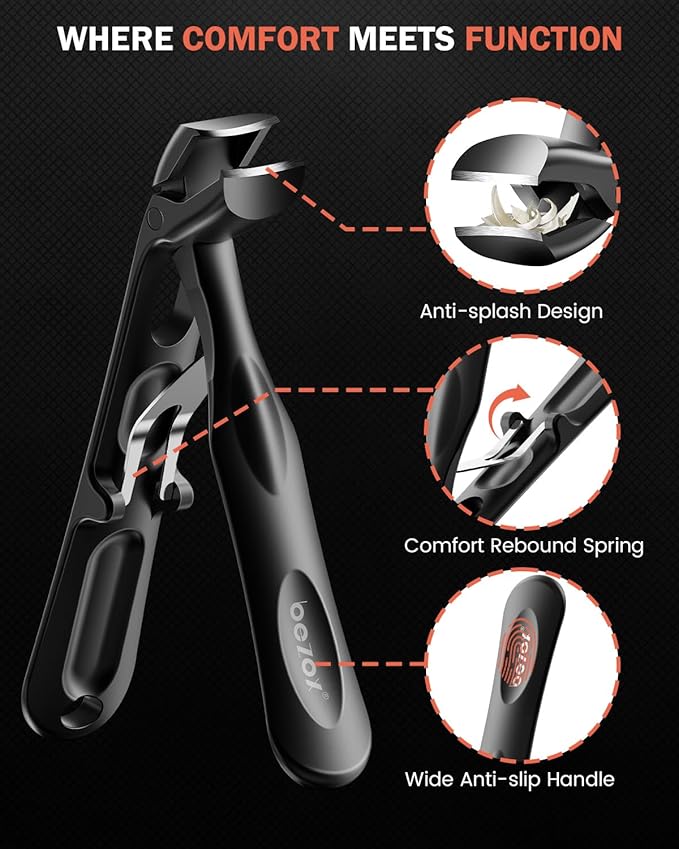 BEZOX Toenail Clippers for Thick Toenails – Long Handle Toe Nail Clippers for Thick Nails for Seniors, Angled Head Heavy-Duty Nail Cutters - Black