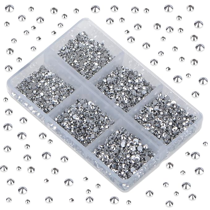 LPBeads 6000 Pieces Metallic Silver Non Hotfix Rhinestones 6 Sizes Round Crystal Glass Flat Back Rhinestones with Tweezers and Picking Pen for Nail Art Crafts Clothes Bags DIY
