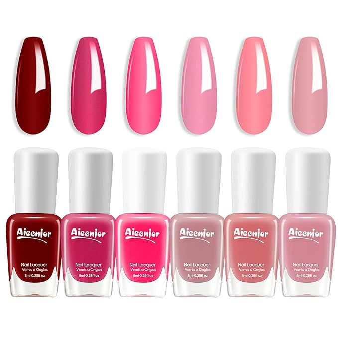 Pink Nail Polish Set, 6 Colors Quick Dry Fingernail Polish, Spring Rose Peach Magenta Tone, Classic Bright Pink, No UV Light Needed, Long Lasting for Nail Art Design at Home DIY