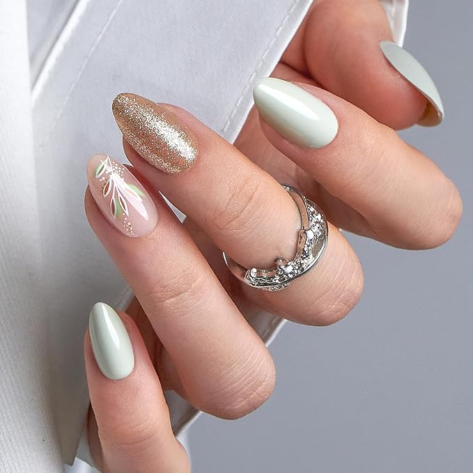 CurvLife Press On Nails Medium – 30Pcs Soft Gel Silver Petal Almond Fake Nails, Reusable Glue On Nail Kit with Adhesive Tabs, Natural Fit & Salon-Quality for Women & Girls
