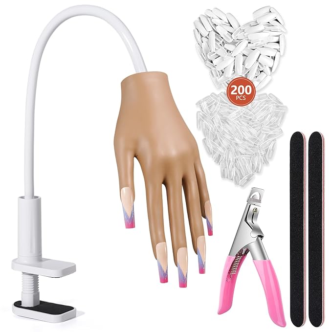 Practice Hand for Acrylic Nails: Nail Tips Won't Fall off Fake Hand for Nail Practice - Flexible Practice Nail Hand With 200PCS Nail Tips for Beginners Salon