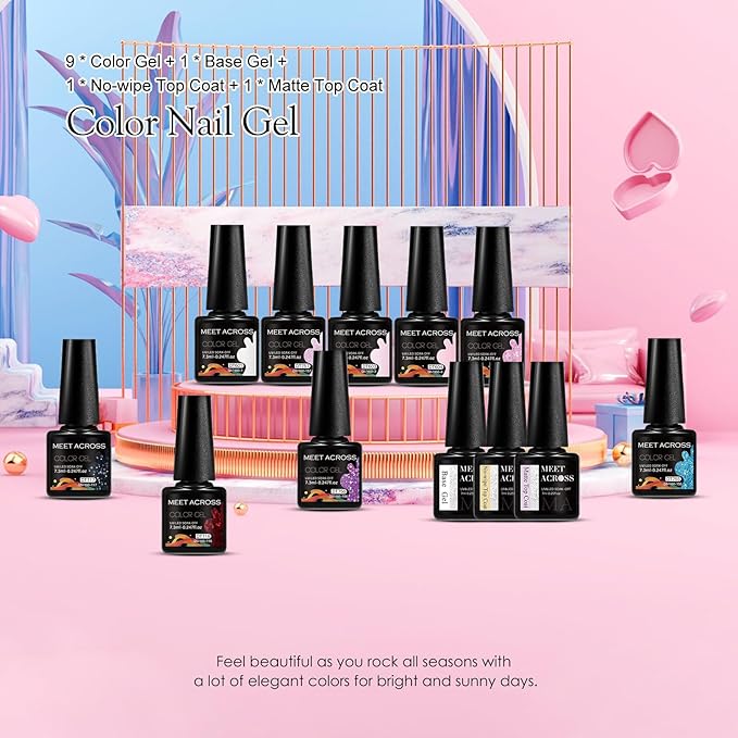 MEET ACROSS 9 Colors Gel Nail Polish + 3PCS Function Gel Nail Polish Kit,Fashion Nail Art Set Design Gifts for Women Manicure Salon (SET20, 12pcs)