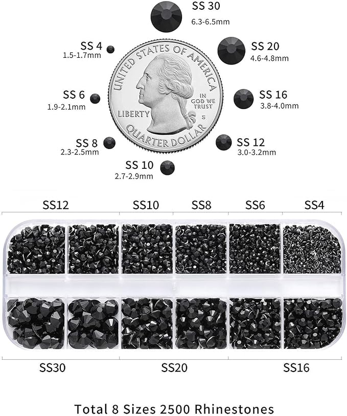 Beadsland Rhinestones for Makeup,8 Sizes 2500pcs Black Flatback Rhinestones Face Gems for Nails Crafts with Tweezers and Wax Pencil,Black,SS4-SS30