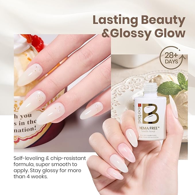 Beetles Vanilla Scoop White Gel Nail Polish - 15ML Milkshake White Nail Polish Neutral Jelly Gel Base Color Nail Concealer Sheer Translucent Effect Soak Off UV Nail Art DIY Manicure Gift for Women