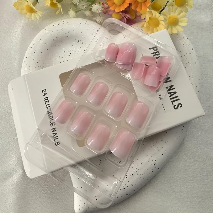 Short Press on Nails Square Ombre Fake Nails Pink Glue on Nails Press ons Cute False Nails with Design Solid Colour Acrylic Glossy Full Cover Artificial Stick on Nails for Women Manicure 24 Pcs