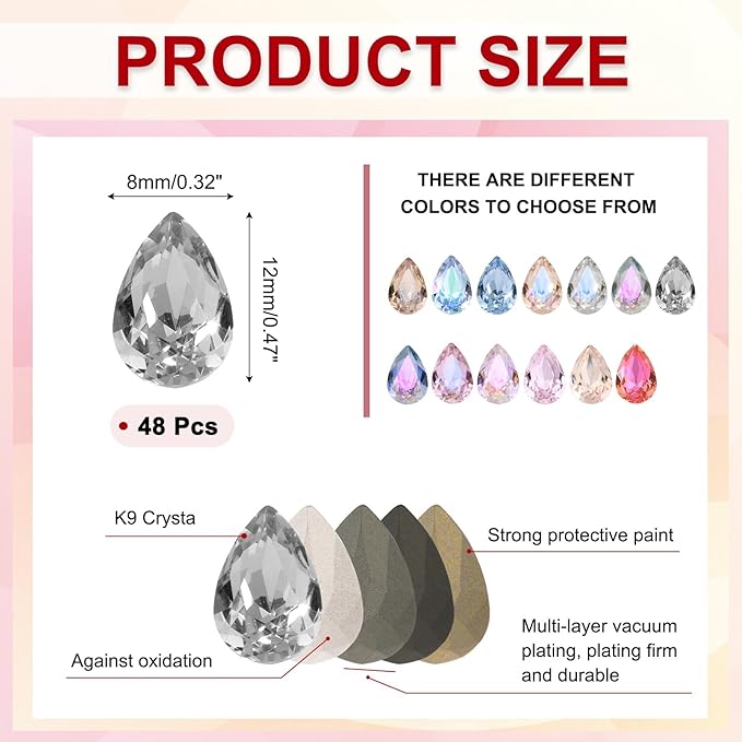 MECCANIXITY 48 Pcs 3D Teardrop Rhinestones Diamond Nail Charm Crystal Pointback K9 Glass Rhinestones Crystal Gems for Jewelry Making, Craft, 8x12mm, Gray