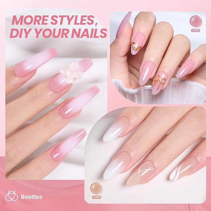 Beetles Rose Veil Jelly Gel Nail Polish Set - 6 Colors Nude Pink Gel Nail Kit Neutral Nude Gel Polish Sheer Translucent Effect Soak Off UV Nail Art Design Manicure Gift for Women