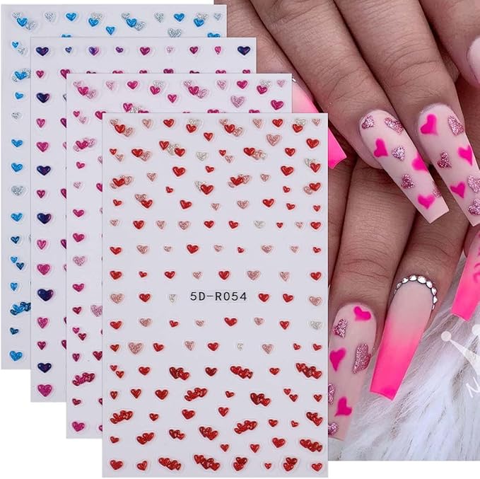 4 Sheets Valentines Nail Stickers - Embossed Heart Nail Art Decals - Self Adhesive Little Hearts Stickers for Nails,Vday DIY Manicure Decorations for Women