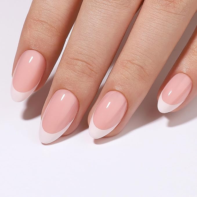 White French Tip Almond Shaped Soft Gel Press on Nails Short Fake Nails with Nail Glue Designs Glossy Pink Thickened False Nails Full Cover Acrylic Nails Salon Quality Stick on Nails for Women
