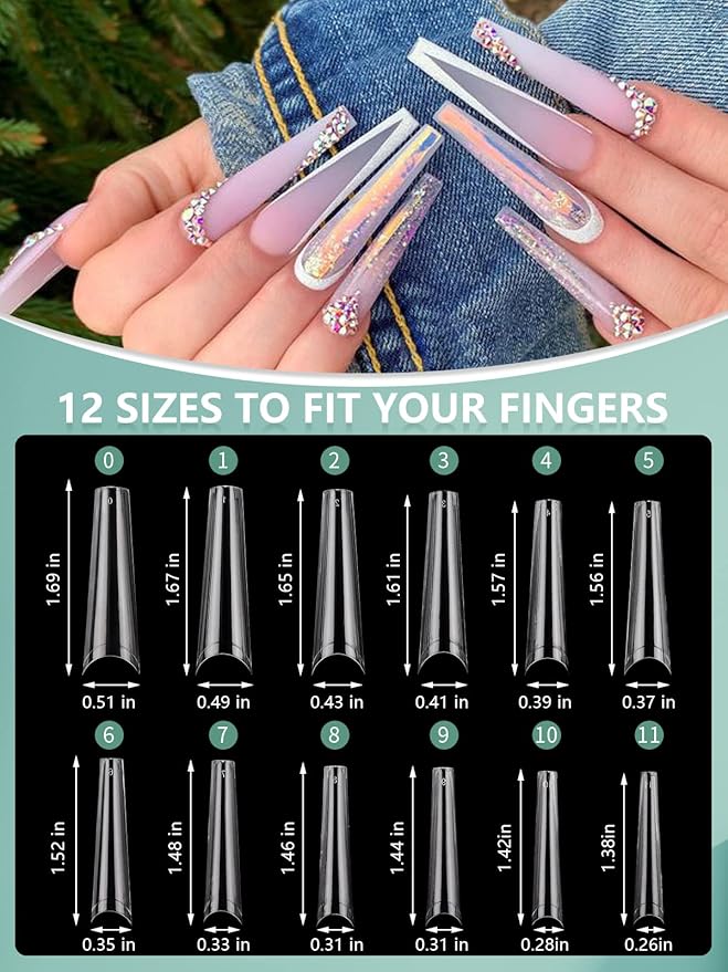480PCS XL Long Clear Nail Tips, 240PCS Coffin Nails Tips with 240PCS NO C Curve Square Nail Tips for Acrylic Nails Professional, Half Cover Straight Ballerina Nail Extension Tips for Nail Salons Home