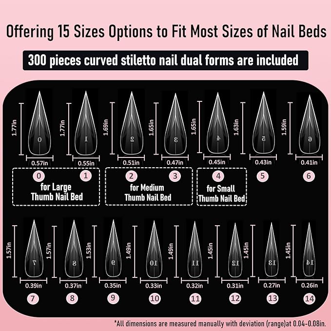 300pcs Curved Stiletto Nail Dual Forms for Poly Gel Extension, 3D Eagle Claw Nail Mold Long Cat Claw XXL Hawk Curve Sculptural Reusable Full Cover Nail Form 15 Sizes Q43
