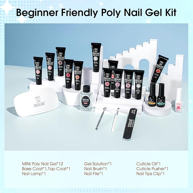 ROSALIND Pink Poly Nail Gel Kit -12 Colors + Nail Art Accessories Kit Nude Shades Poly Nails Gel Starter Kit with Slip Solution All Seasons Classic Colors Nails Extensions Set with Mini UV Lamp