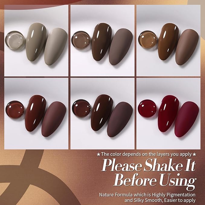 Born Pretty Fall Winter Gel Nail Polish Burgundy Wine Red Caramel Brown Coffee Autumn Gel Polish Set Gel Nail Kit Nail Art Manicure Collection 6PCS 7ML