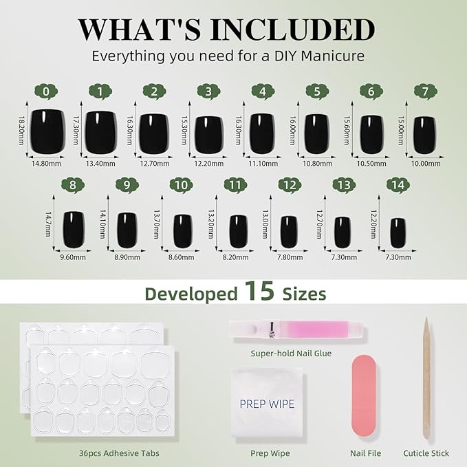 Black Press On Nails Square - Goth Short Square Fake Nails, Gothic Press On Nails Reusable Stick On Nails in 15 Sizes 30pcs False Nail Kit for Women & Girls (Pure Black)