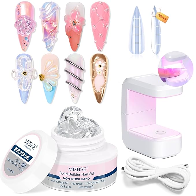 MIZHSE 3D Gel Nail Art Sculpting Gel, 5 in 1 Solid Builder Gel for Nails Clear Non-sticky Hard Gel with Mini U V Nail Lamp, Sculpting 3D Nail Art for Manicure Home DIY