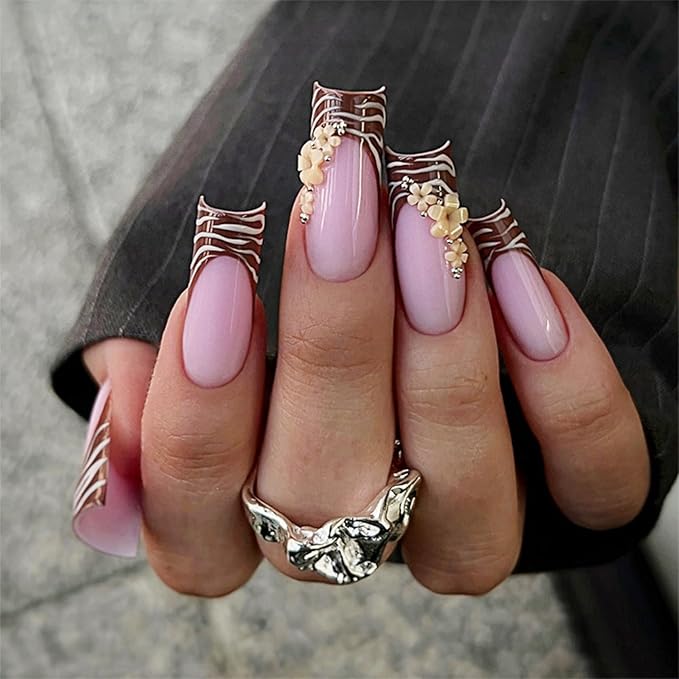 Long Square Press on Nails Fake Nails Artificial Nail Stick on Nail for Women Light Pink & Brown Nails with White 3D Flowers, Silver Accents and Striped Edges