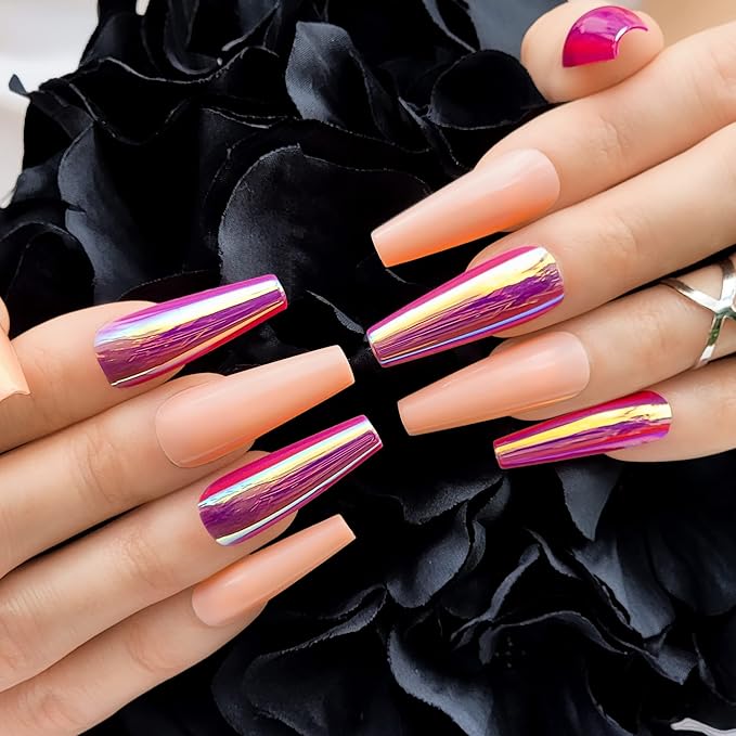 Hypnaughty 24 Pcs Raspberry Golden Chrome & Peach Extra Long Coffin Press On Nails and Glue Reflective Mirror XL False Nails (Raspberry Golden Chrome & Peach)