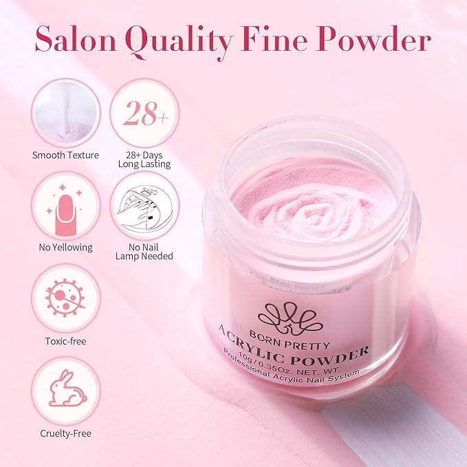 BORN PRETTY Acrylic Nail Kit - Acrylic Powder (Clear, White, Pink) & Liquid Set with Nail Forms, Brush Pen, File & Glass Container - Beginner Friendly