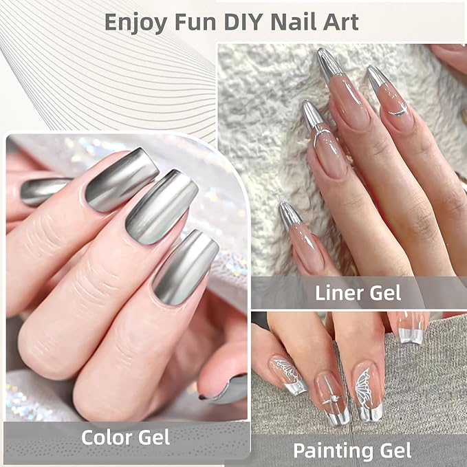 Metallic Gel Nail Polish Sliver Gel Liner For Nail Art Chrome Silver Nail Polish 8ml 3D Mirror Chrome Effect Painting with Thin Brush French Nail Design Curing Requires