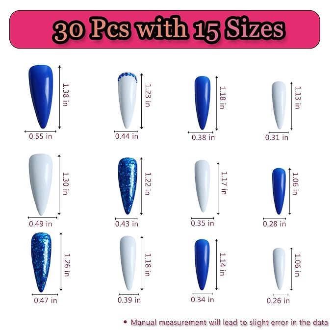 24pcs Royal Blue Glitter Shining Long Almond Press On Nails, Reusable Nail Kit with Nail Adhesive Tabs Mini Nail File, 12 Sizes (Blue Glitter)