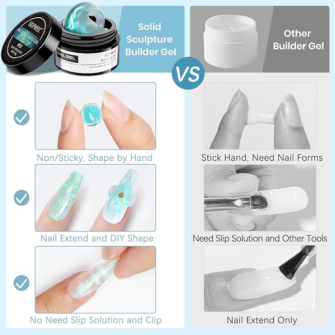 Sculpting Gel for Nail Art, Non-Stick Hand 3D Gel Nail Art Clear White and Green Aurora Molding Nails for Home Manicure, Nail Salon, Nail Charms, Solid, Extension, Carving Builder Gels