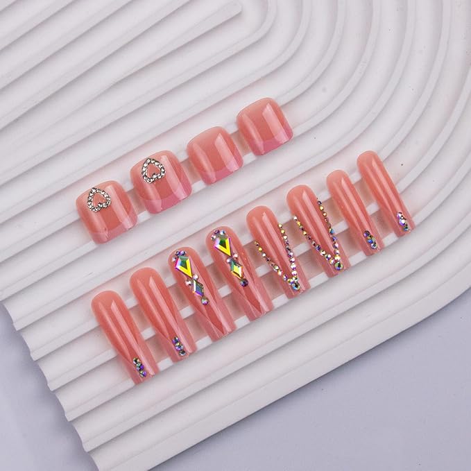 48Pcs Square Press on Nails Long & Press on Toenails Set, Pink French Tip Fake Nails Rhinestone Designs Pink Press on Toenails Full Cover Acrylic Glue on Nails for Women Manicure Kit
