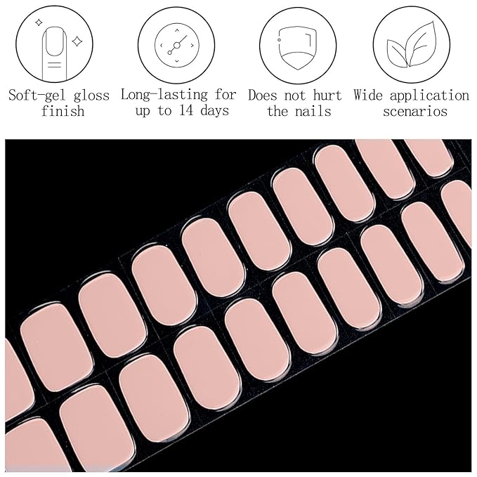 Semi Cured Gel Nail Strips Light Pink Gel Nail Stickers 20Pcs Full Polish Nails Wraps UV/LED Light Needed Gloss Nails Polish Strips for Women Includes Prep Pads, File, Wooden Cuticle Stick