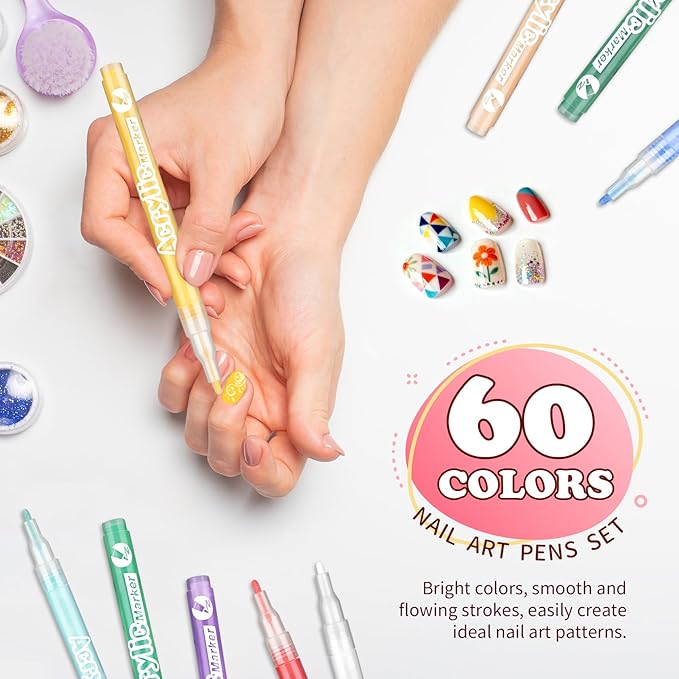 60 Colors Nail Art Pen Set,3D Acrylic Nails Art Markers Pens,Quick Dry Nail Doodle Pens for Home & Salon DIY Nail Art （1.0 mm Pen Nib）